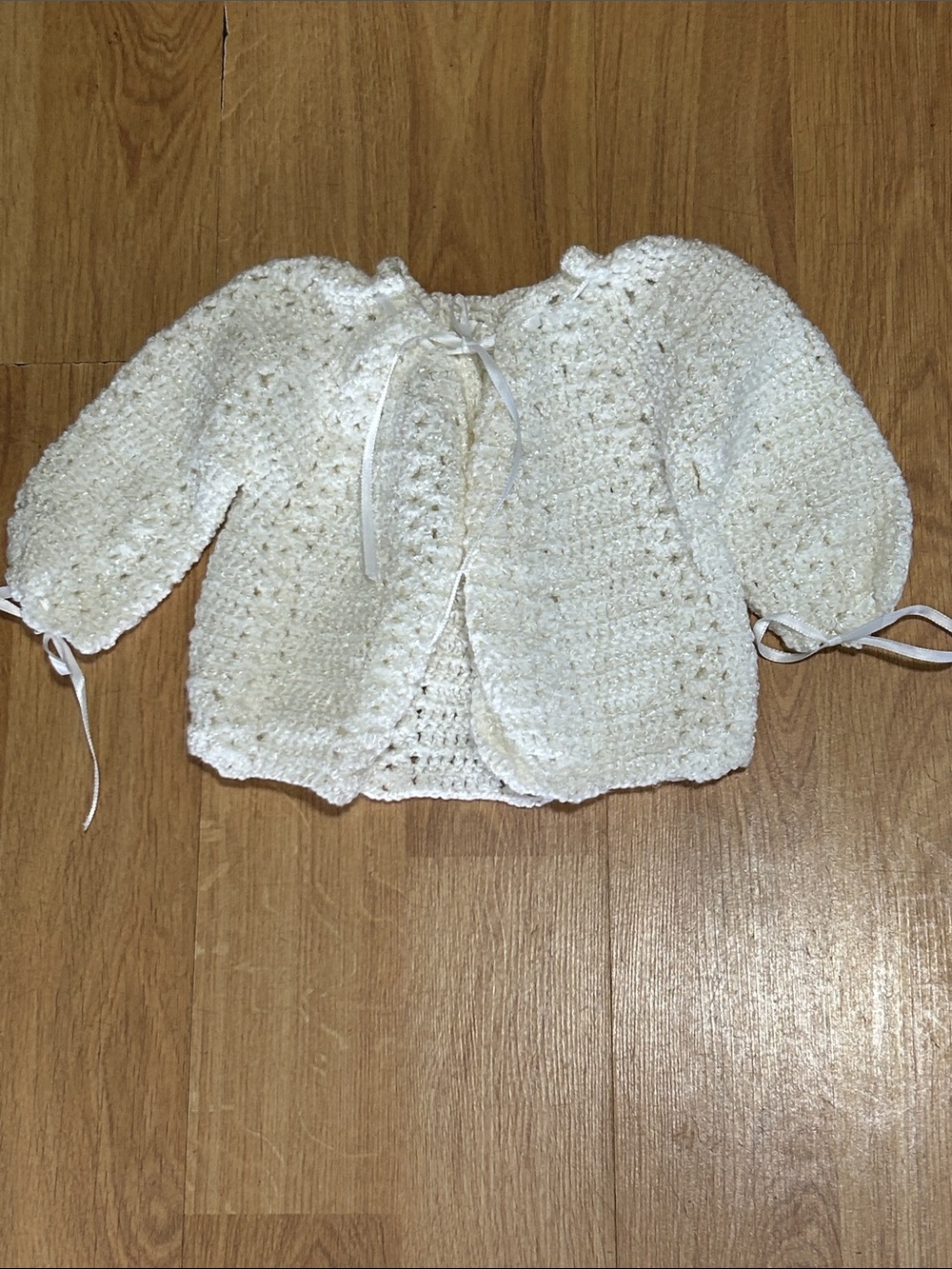 Vintage Handmade Cream Crochet Baby Cardigan with Ribbon Ties Christening New